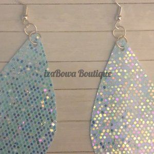 Blue Glitter Teardrop Faux Leather Earring ER1702 Handmade NWT Boutique
